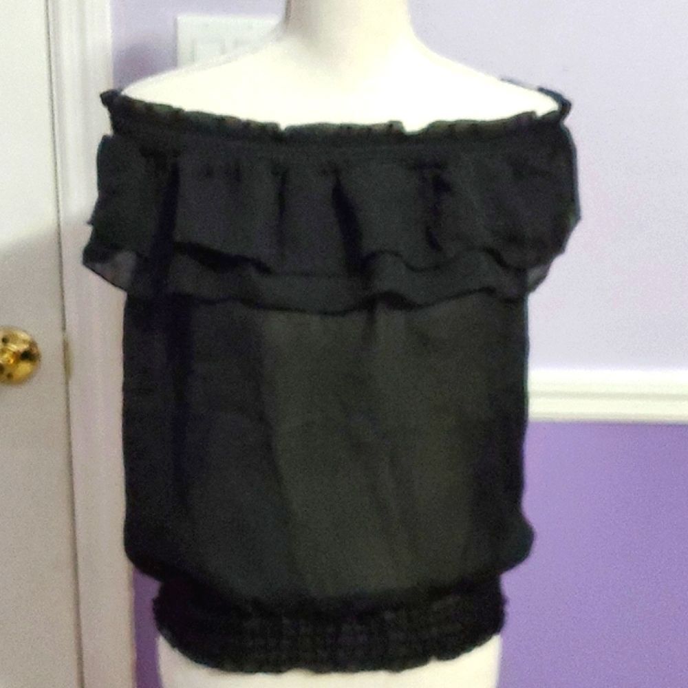 NWOT Black Retro Y2K Sheer Off Shoulder Ruffled Flutter Blouson Smocked Top
